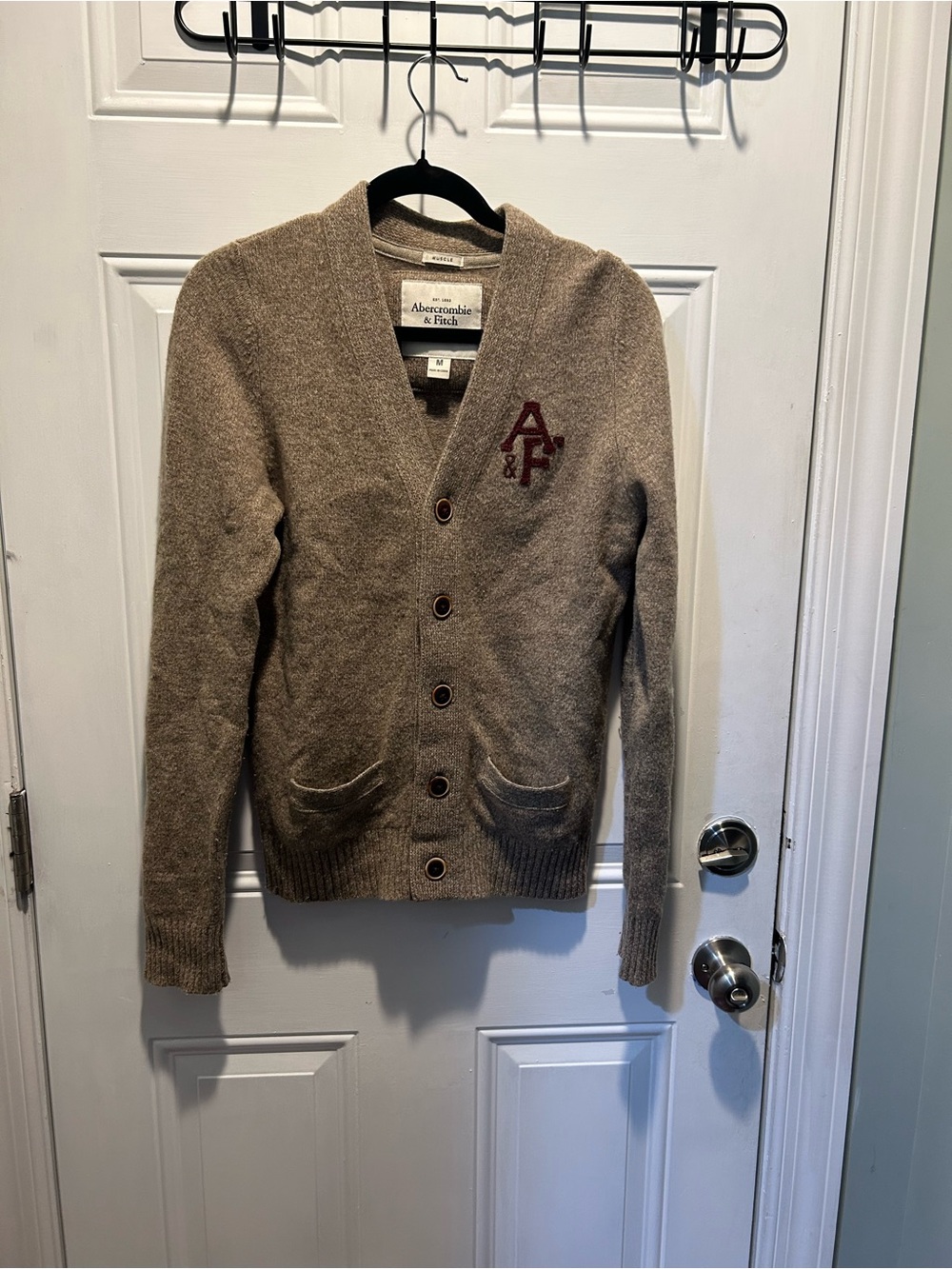 Abercrombie & Fitch Men's Tan Wool-Blend Button Cardigan with Red A&F Logo